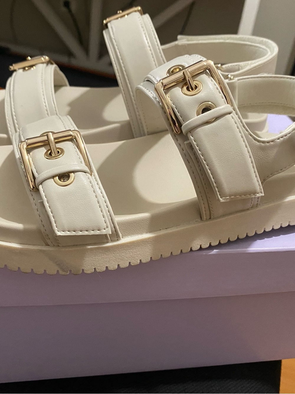 Madden Girl Cream Platform Sandals with Gold Buckles